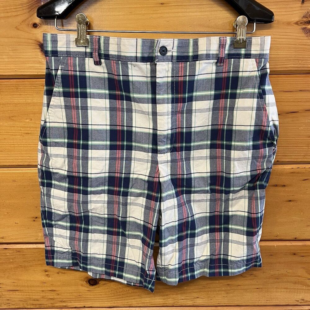 Jos A Bank “Stays Cool” Cotton Plaid Check Shorts Size 32 Blue Cream Red